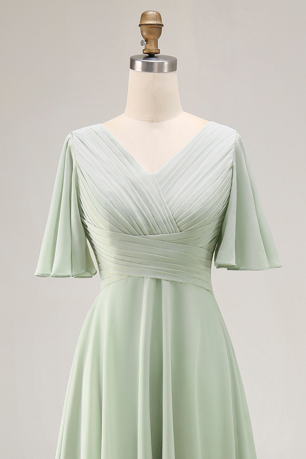 Sage Green Chiffon V-Neck High-Low Wedding Guest Dress with Sleeves