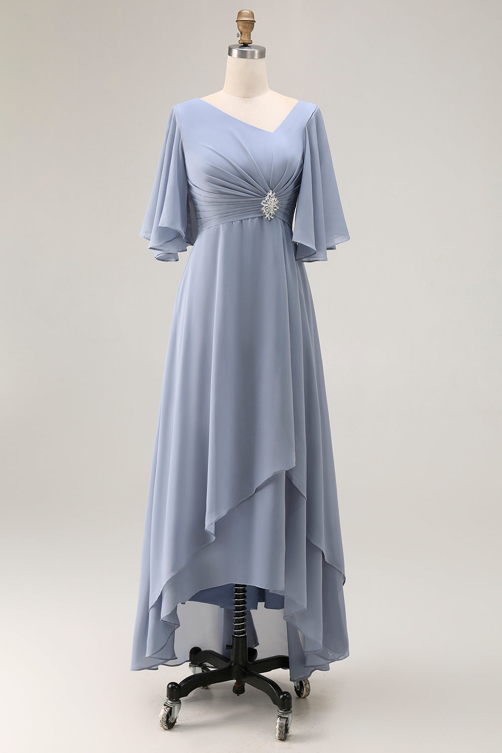 Dusty Blue A-Line Chiffon Ruched Long Wedding Guest Dress with Sleeves