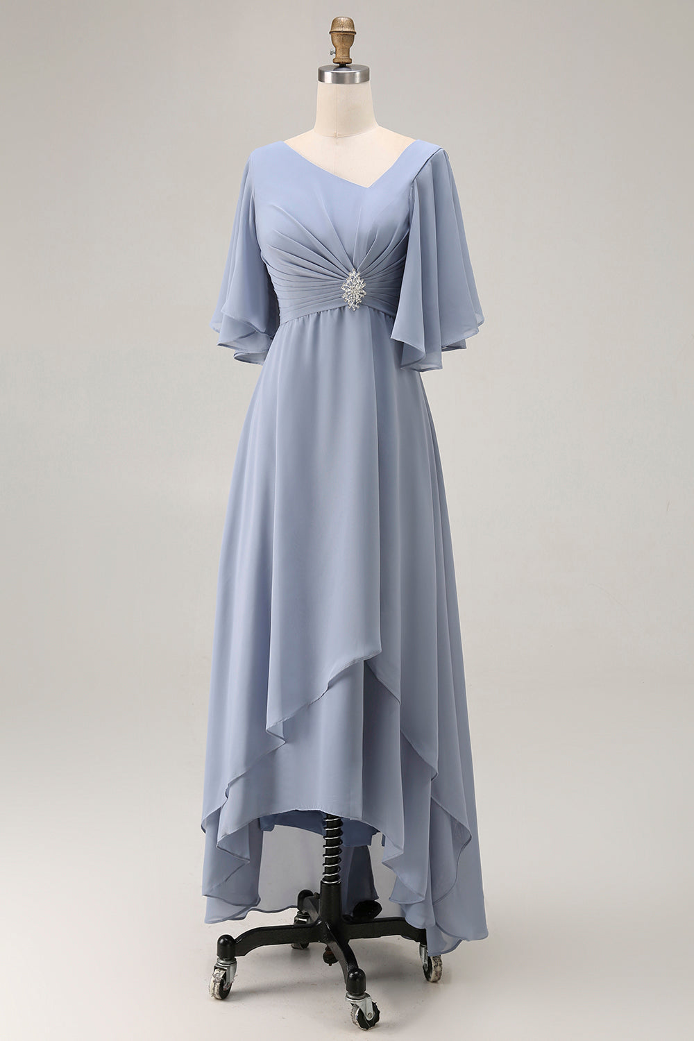 Dusty Blue A-Line Chiffon Ruched Long Wedding Guest Dress with Sleeves