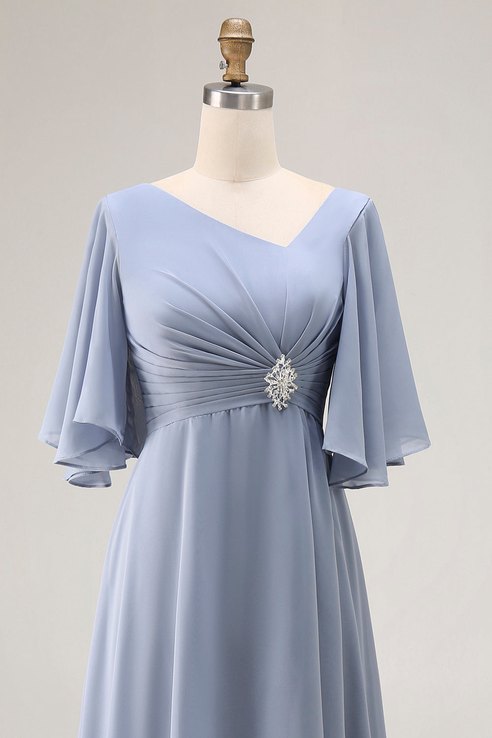 Dusty Blue A-Line Chiffon Ruched Long Wedding Guest Dress with Sleeves