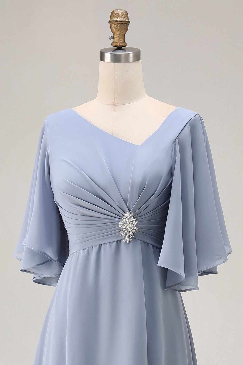 Dusty Blue A-Line Chiffon Ruched Long Wedding Guest Dress with Sleeves