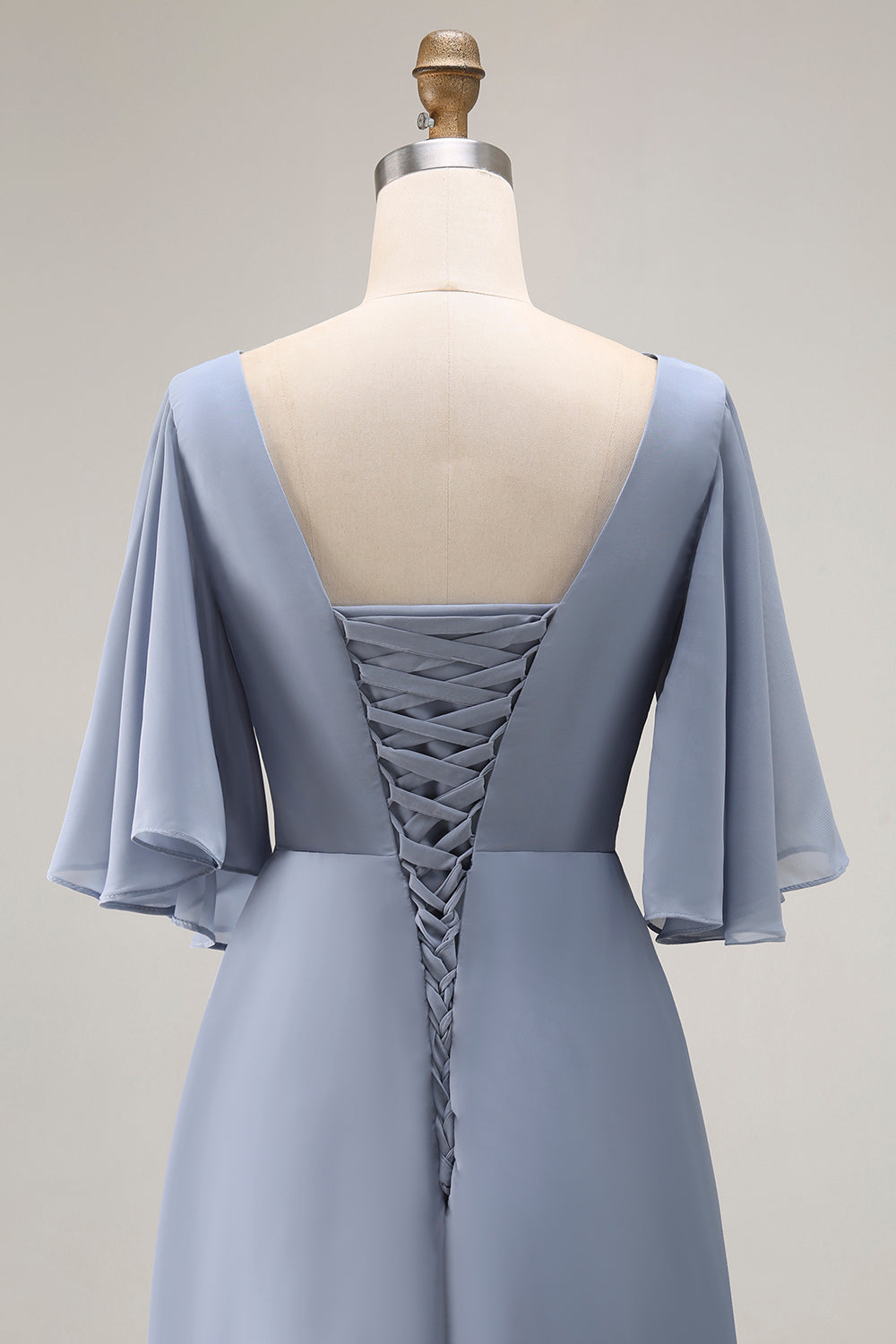Dusty Blue A-Line Chiffon Ruched Long Wedding Guest Dress with Sleeves