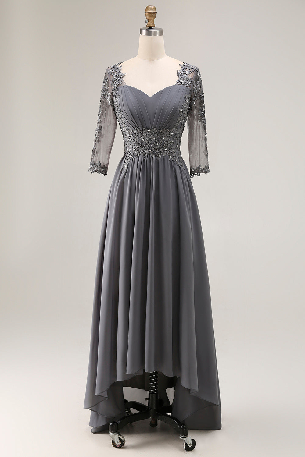 Sparkly Steel Grey A-Line High-Low Wedding Guest Dress with Sleeves