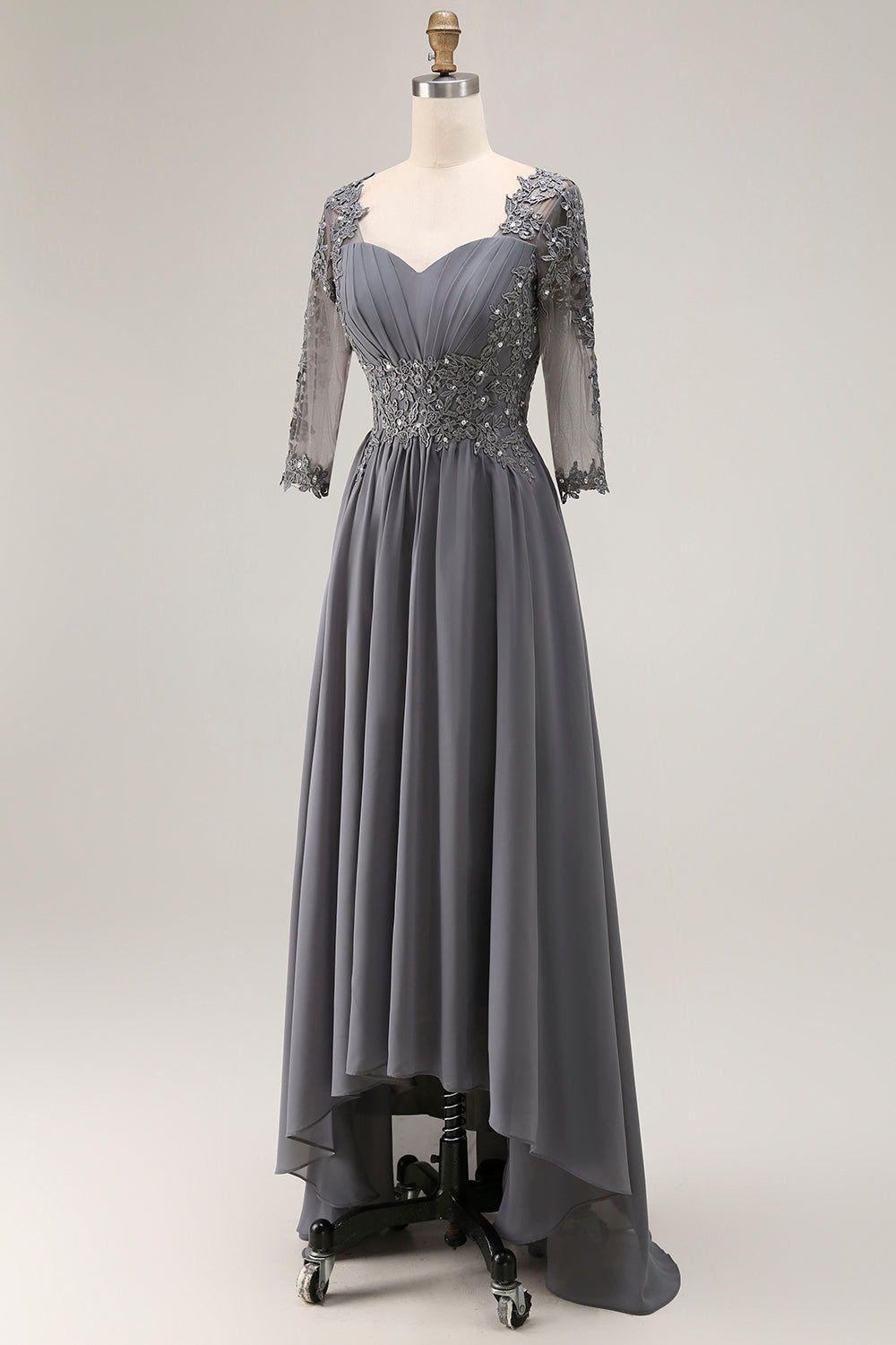 Sparkly Steel Grey A-Line High-Low Wedding Guest Dress with Sleeves