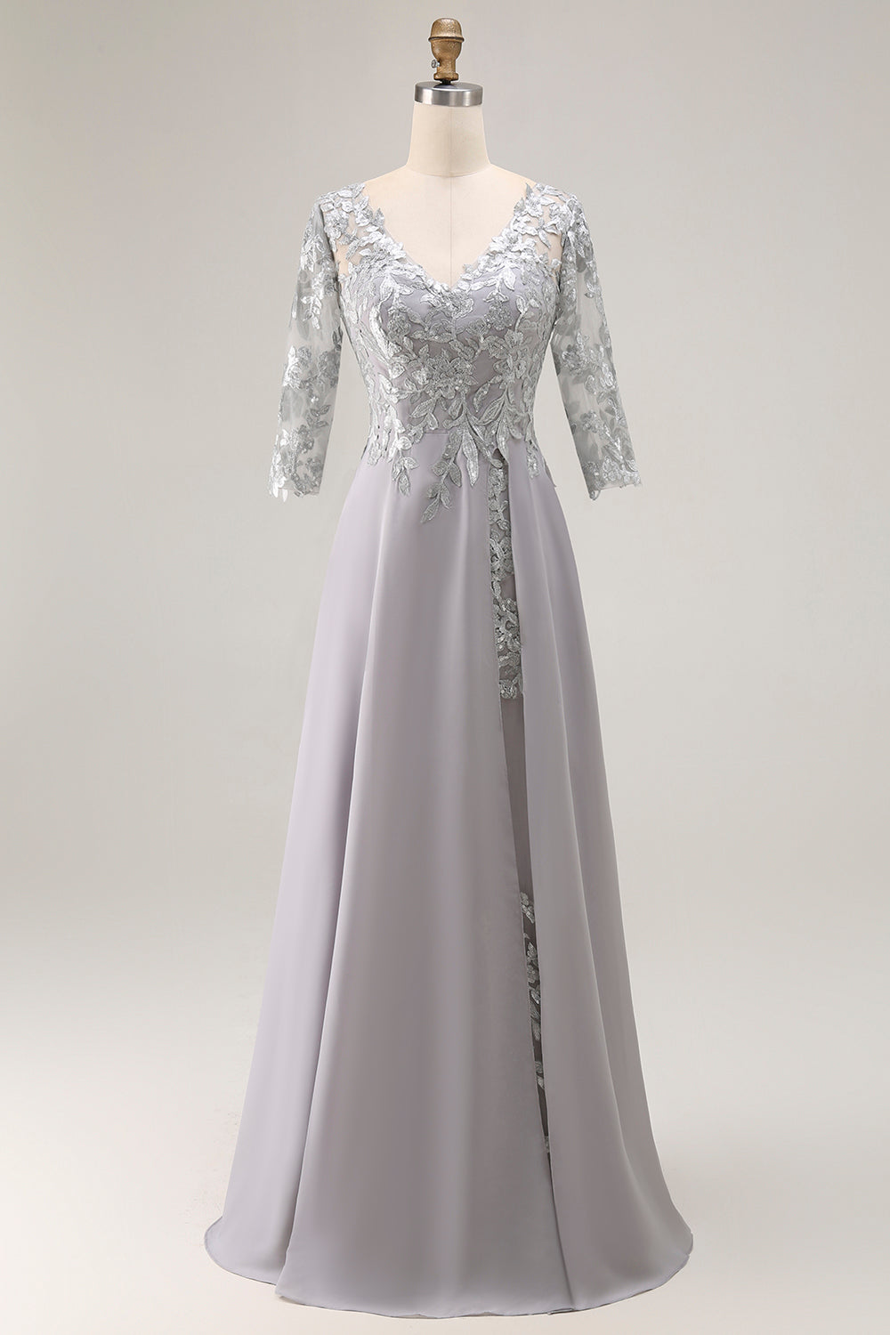 Silver V-Neck A-Line Chiffon Long Wedding Guest Dress with Sleeves