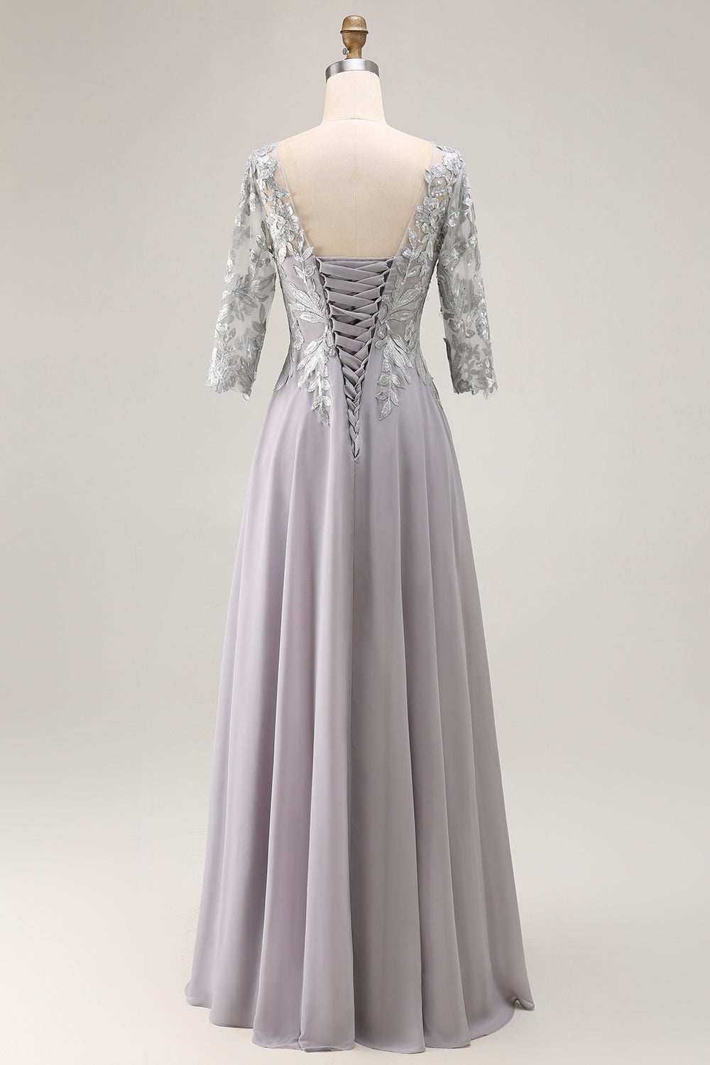 Silver V-Neck A-Line Chiffon Long Wedding Guest Dress with Sleeves