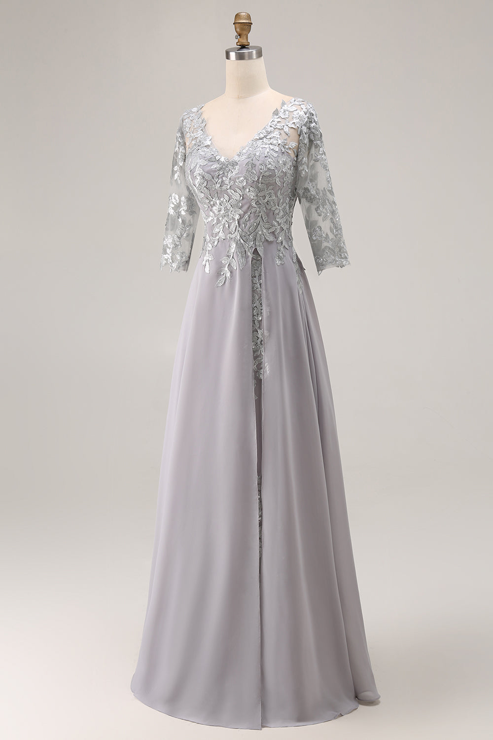 Silver V-Neck A-Line Chiffon Long Wedding Guest Dress with Sleeves