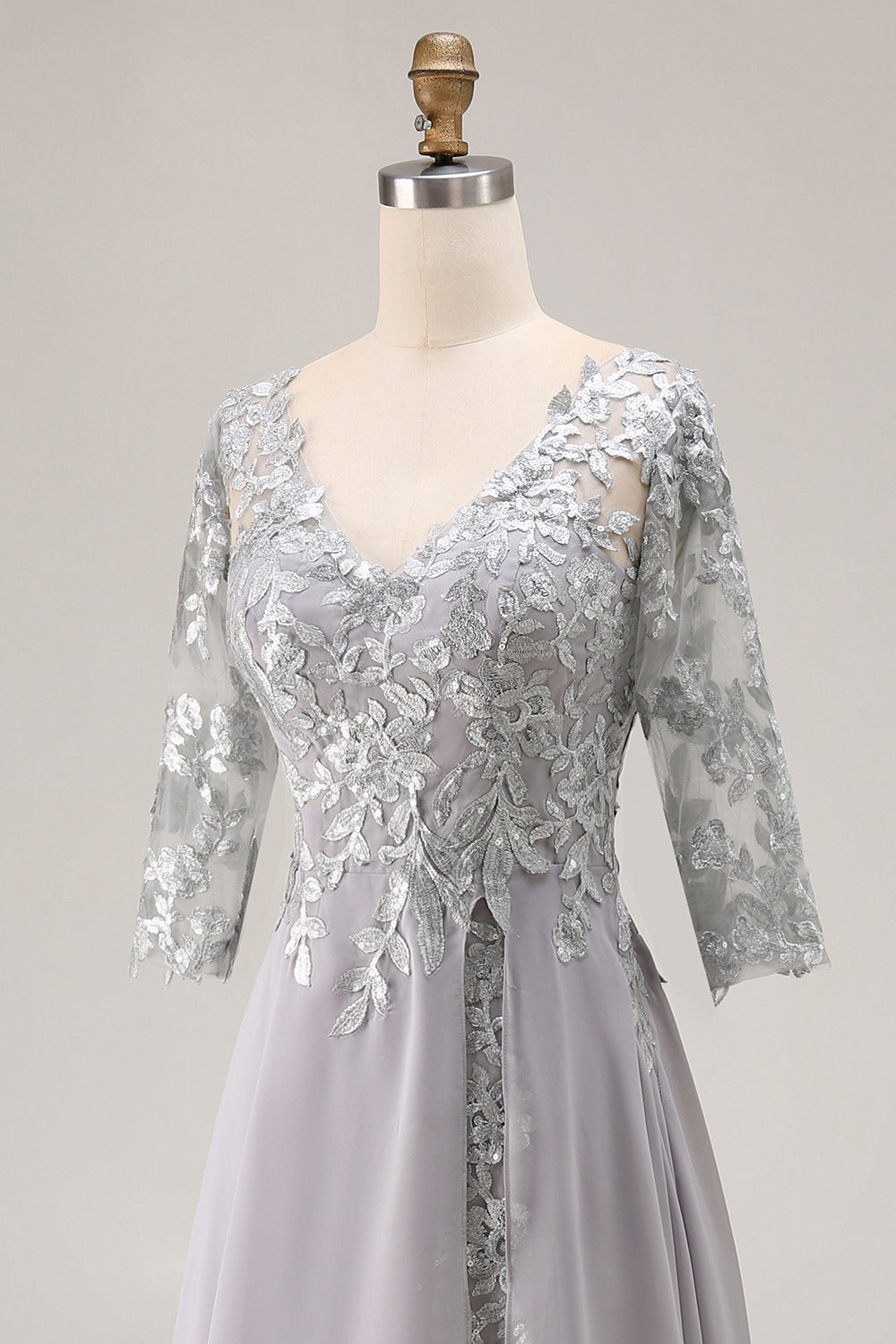 Silver V-Neck A-Line Chiffon Long Wedding Guest Dress with Sleeves