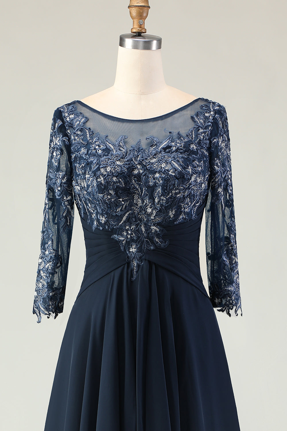 Navy Round Neck Ruffled Long Wedding Guest Dress with Appliques
