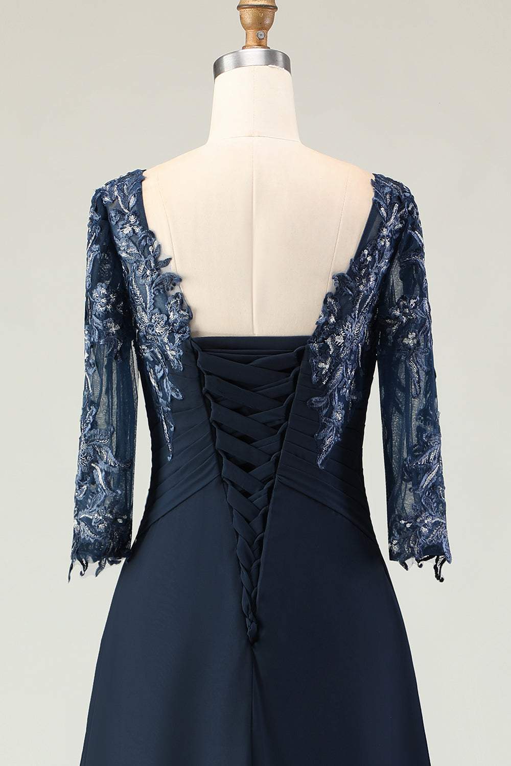 Navy Round Neck Ruffled Long Wedding Guest Dress with Appliques