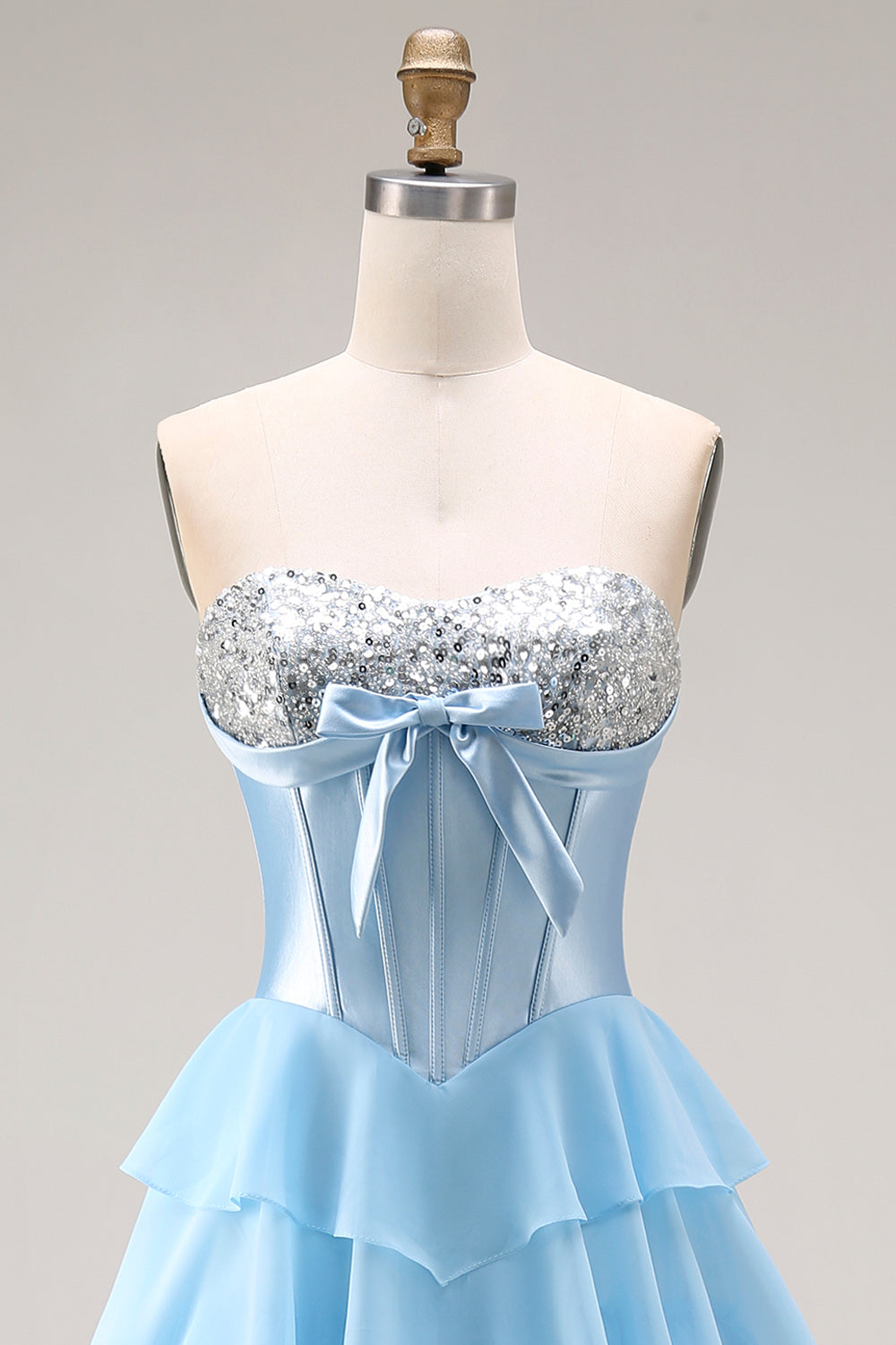 Sparkly Blue Sequin Ruffled Tiered Long Corset Prom Dress with Bow