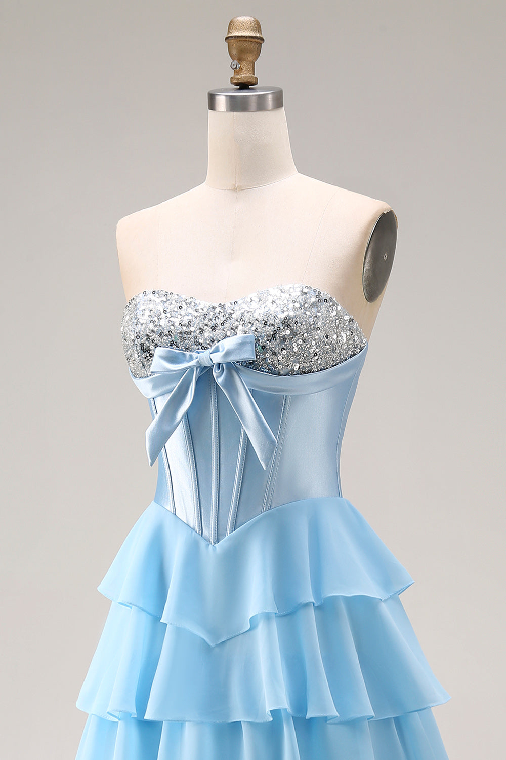 Sparkly Blue Sequin Ruffled Tiered Long Corset Prom Dress with Bow