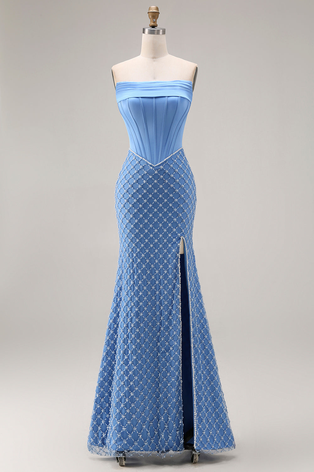 Blue Strapless Mermaid Corset Long Prom Dress with Slit