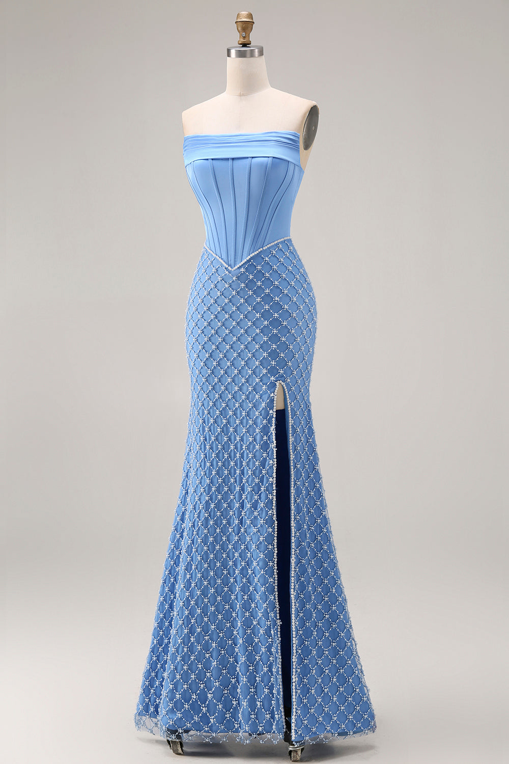 Blue Strapless Mermaid Corset Long Prom Dress with Slit