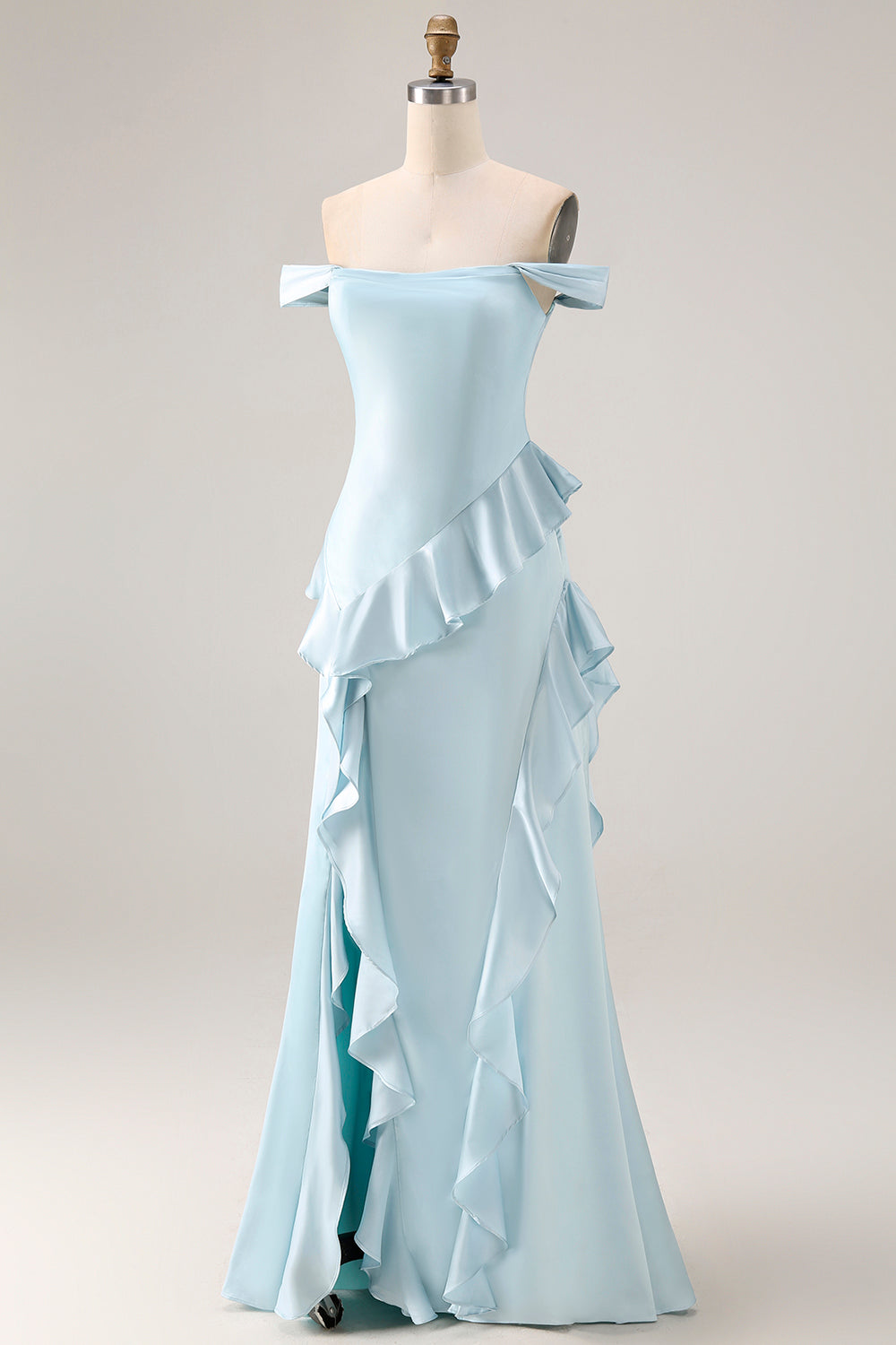 Light Blue Mermaid Off the Shoulder Long Prom Dress with Ruffles