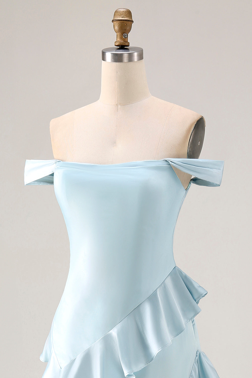 Light Blue Mermaid Off the Shoulder Long Prom Dress with Ruffles