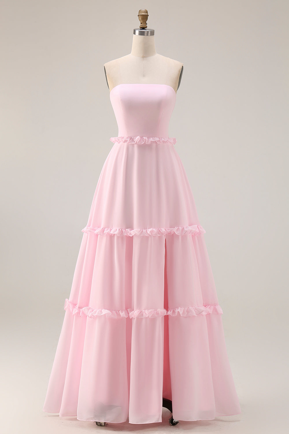 Blush Pink Strapless A Line Long Chiffon Prom Dress with Slit