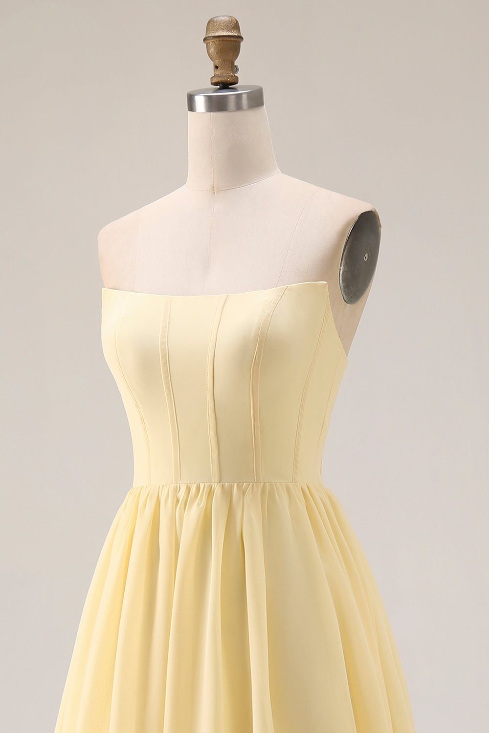 Flowy Yellow A Line Strapless Long Corset Prom Dress with Slit