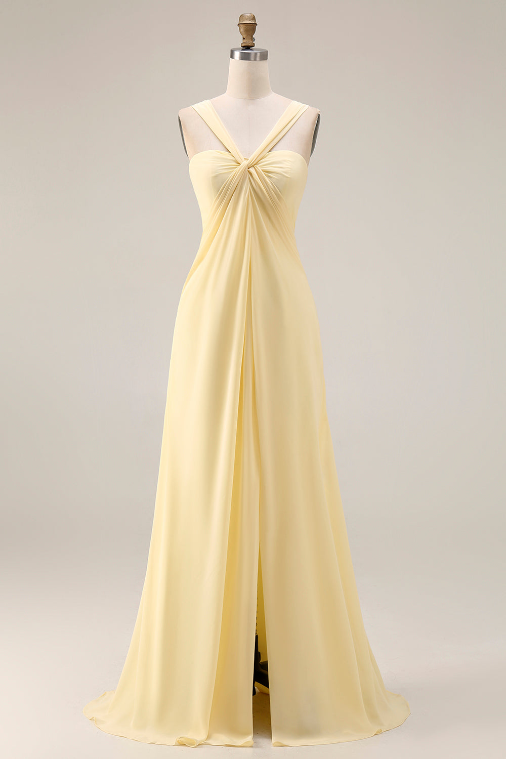 Yellow A Line Ruched Convertible Wear Backless Long Chiffon Prom Dress