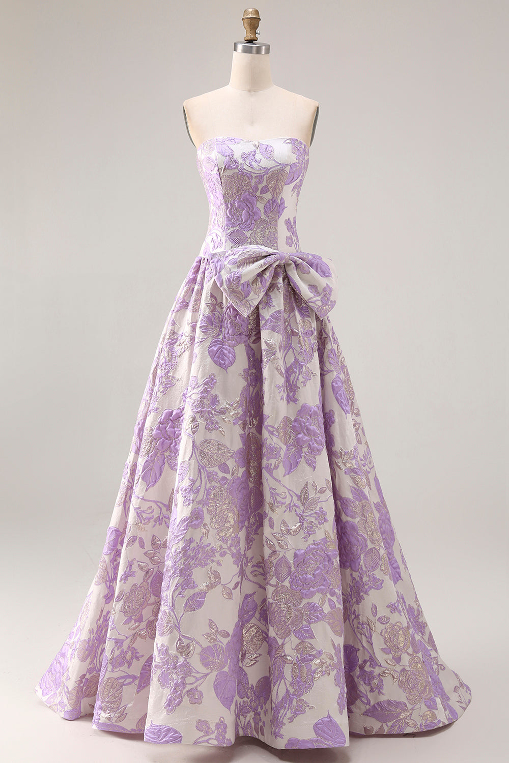 Floral Lilac Jacquard Ball Gown Strapless Long Prom Dress with Bow