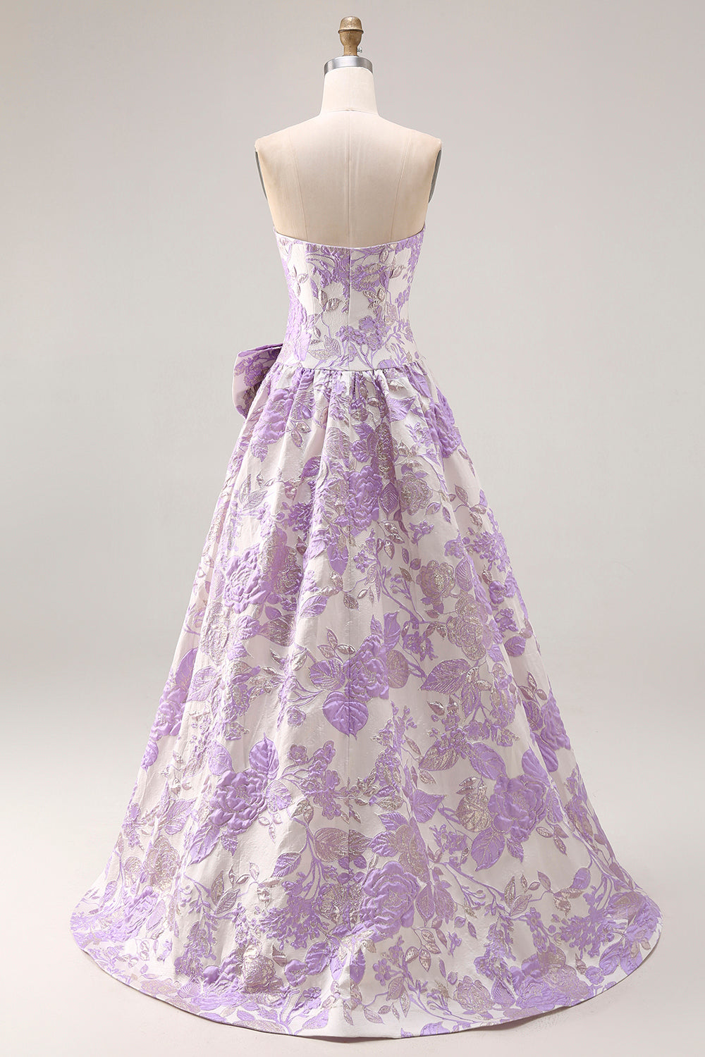 Floral Lilac Jacquard Ball Gown Strapless Long Prom Dress with Bow