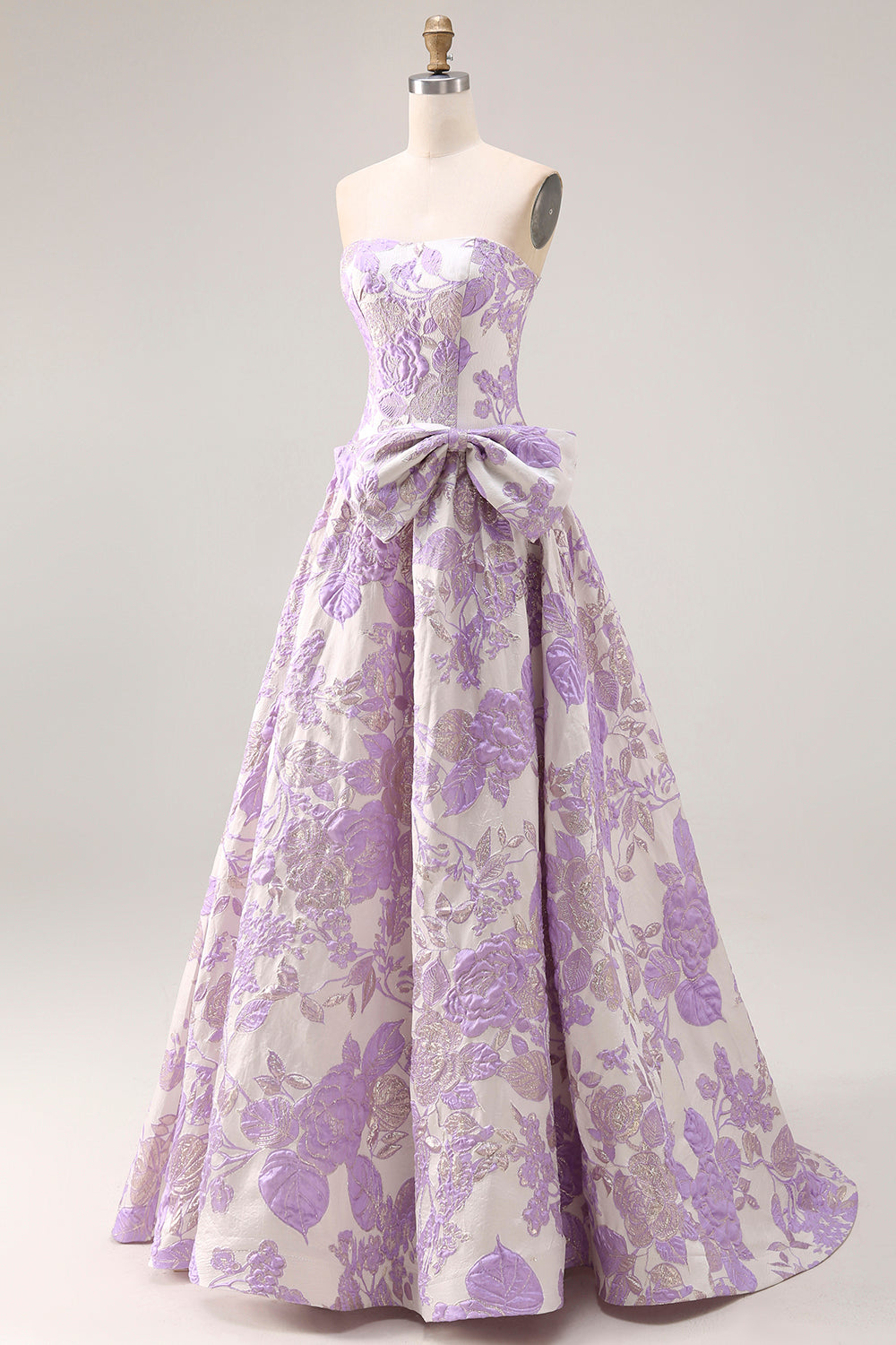 Floral Lilac Jacquard Ball Gown Strapless Long Prom Dress with Bow