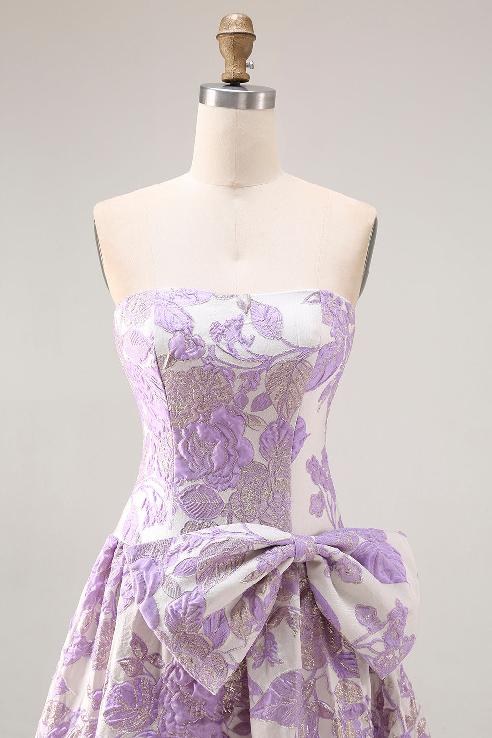 Floral Lilac Jacquard Ball Gown Strapless Long Prom Dress with Bow