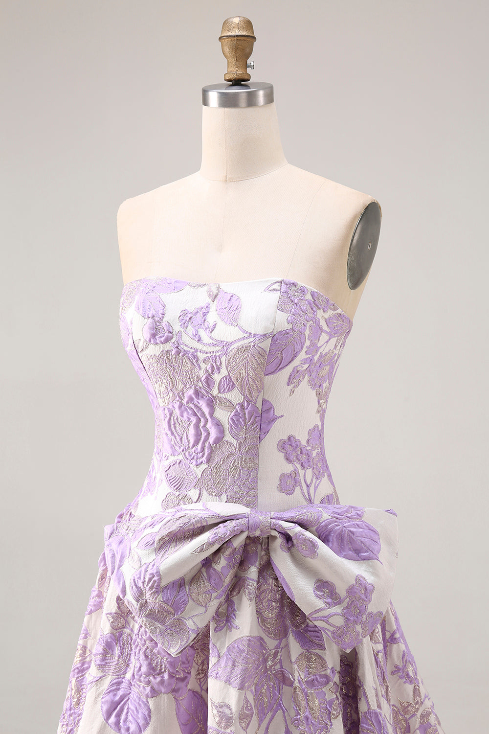 Floral Lilac Jacquard Ball Gown Strapless Long Prom Dress with Bow