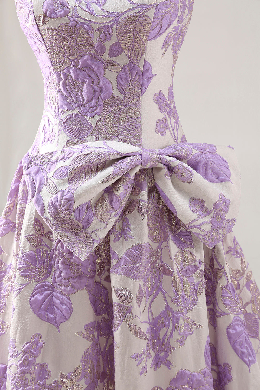 Floral Lilac Jacquard Ball Gown Strapless Long Prom Dress with Bow