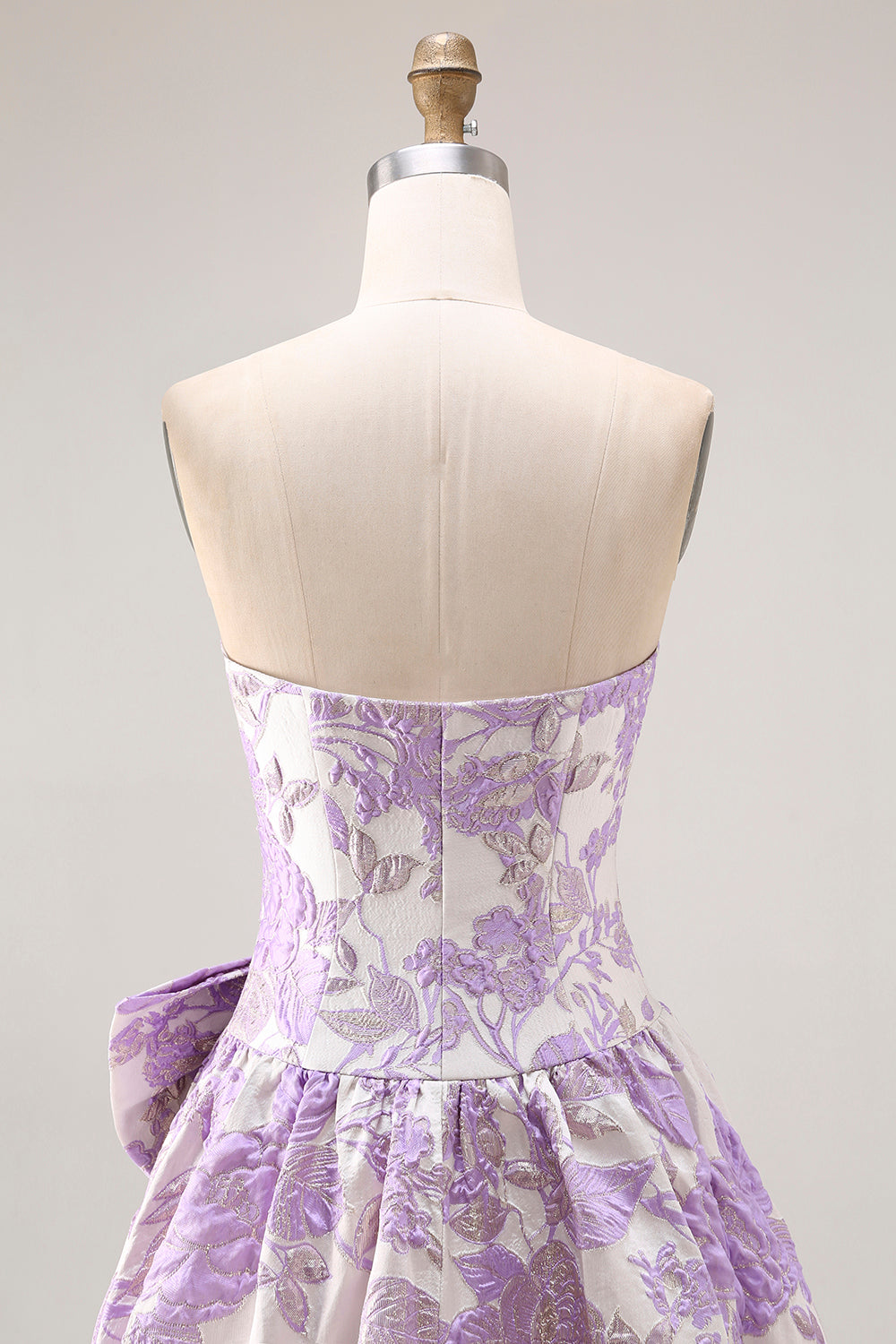 Floral Lilac Jacquard Ball Gown Strapless Long Prom Dress with Bow