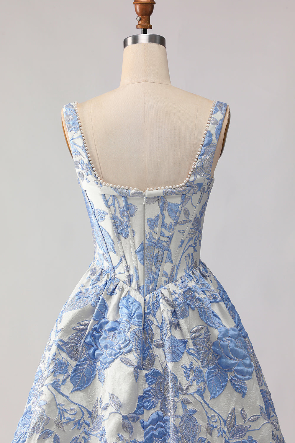 Floral Light Blue A Line Jacquard Corset Long Prom Dress