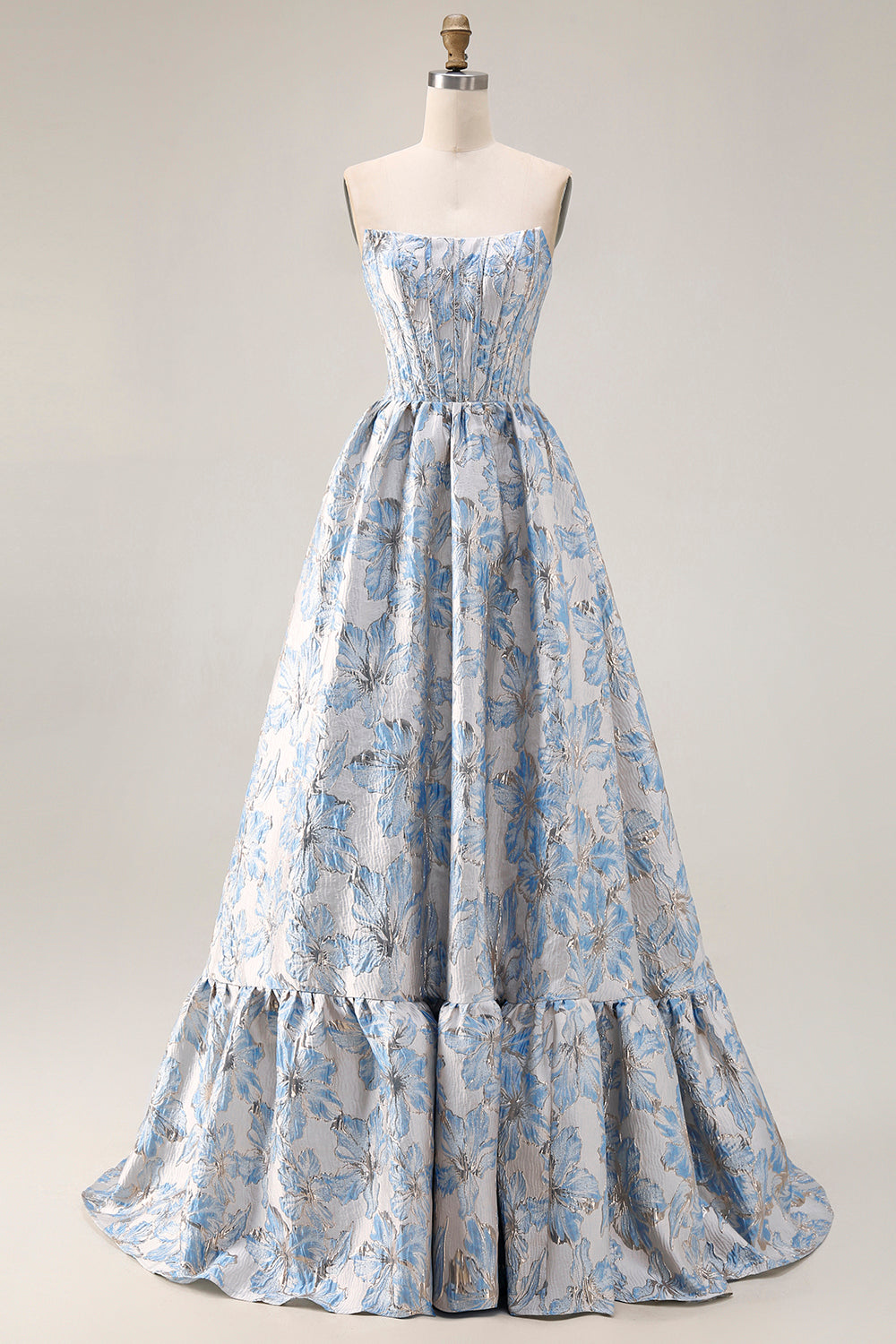 Floral Light Blue Off the Shoulder Jacquard A Line Long Corset Prom Dress