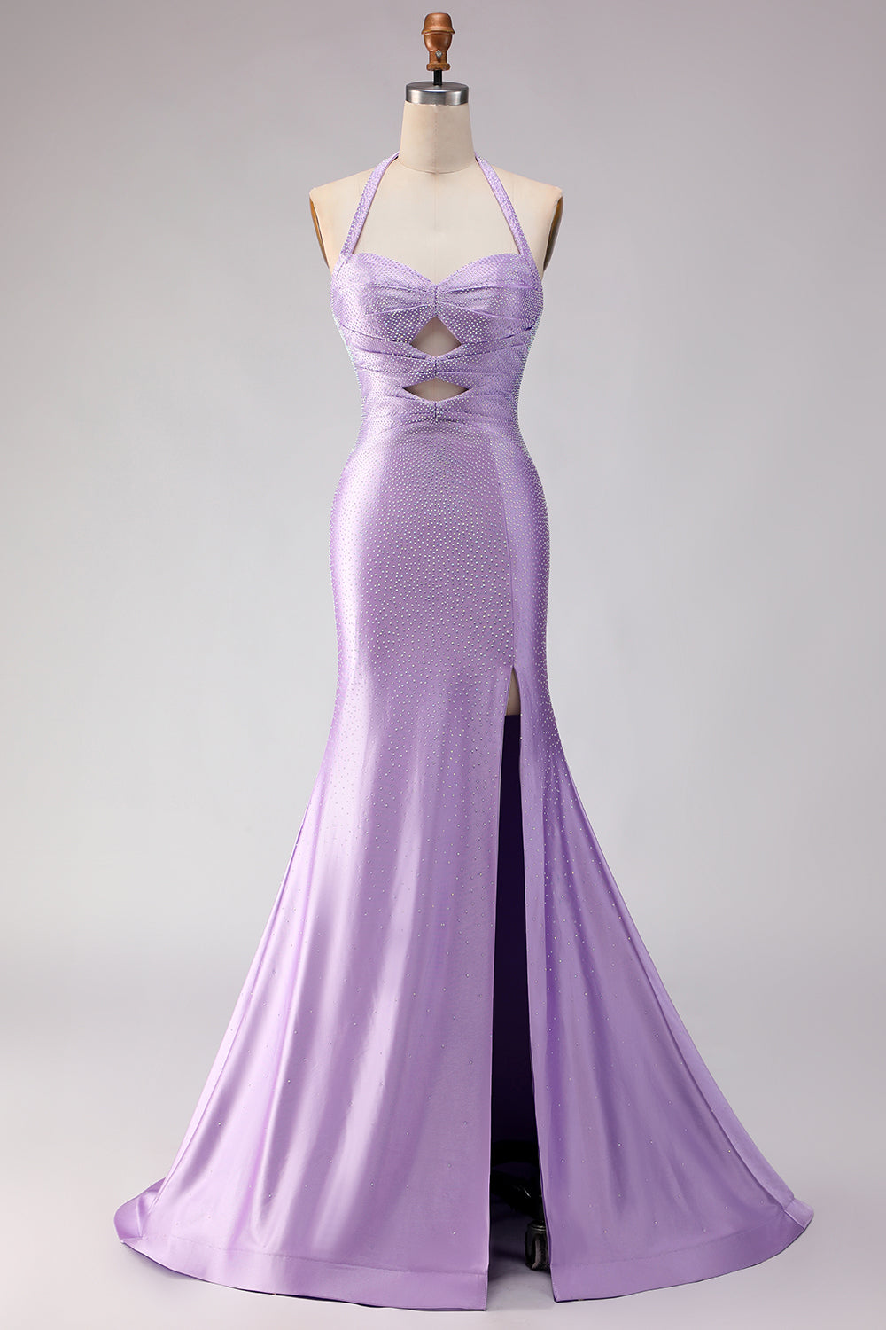 Lilac Beaded Halter Mermaid Long Satin Prom Dress with Slit