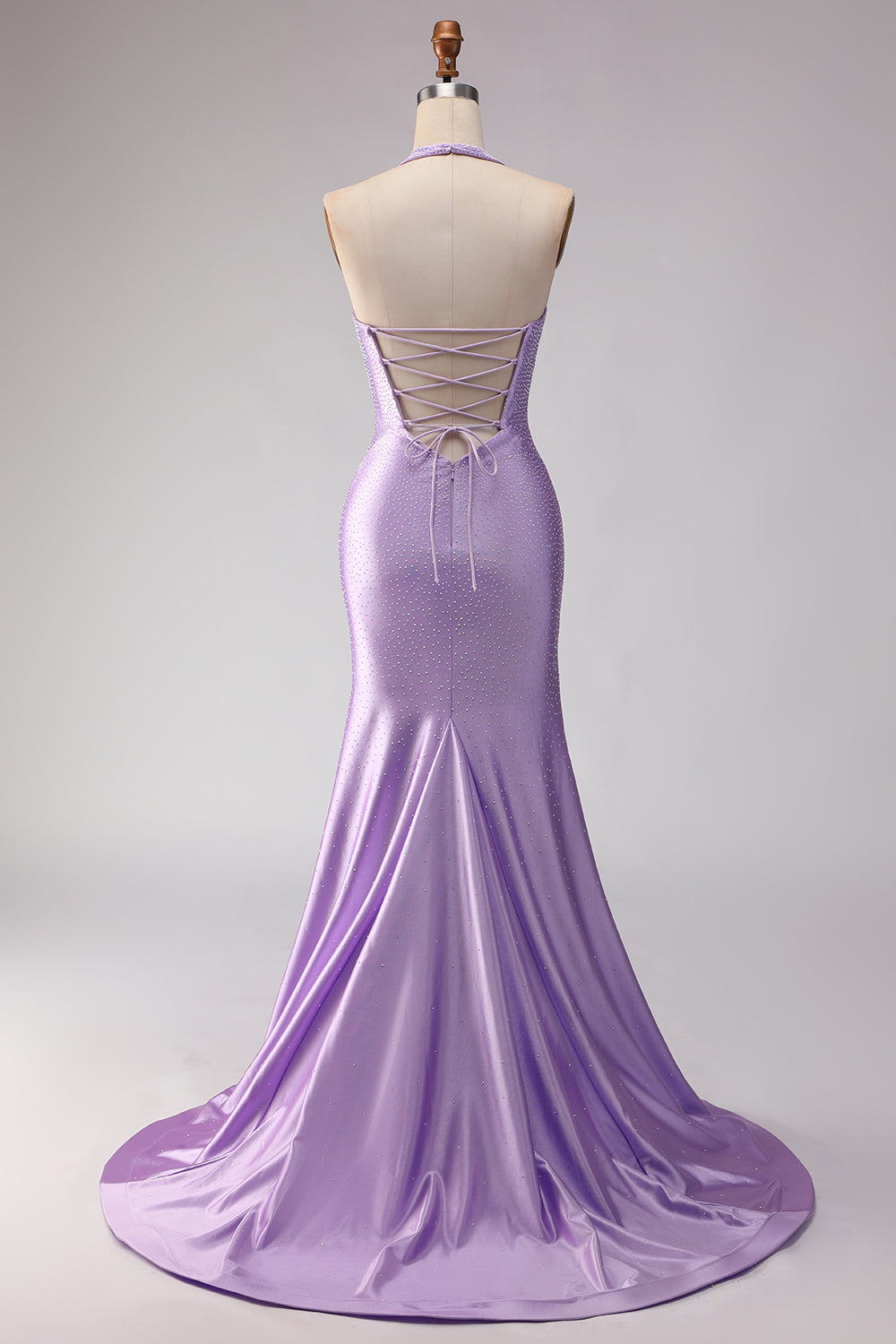 Lilac Beaded Halter Mermaid Long Satin Prom Dress with Slit