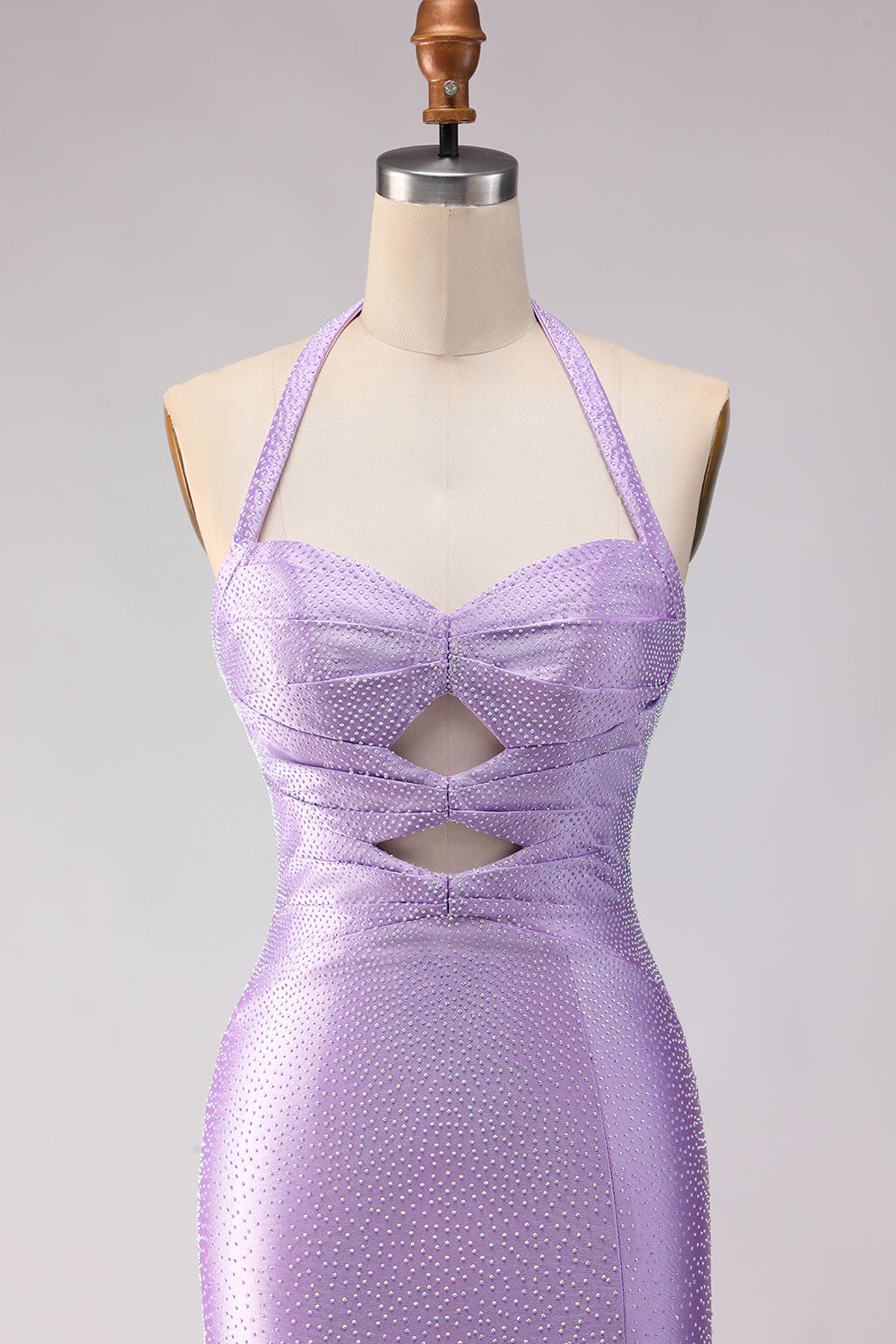 Lilac Beaded Halter Mermaid Long Satin Prom Dress with Slit