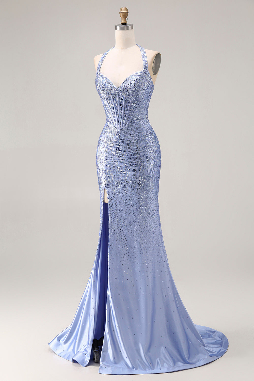 Sparkly Light Blue Halter Mermaid Beaded Long Corset Prom Dress with Slit