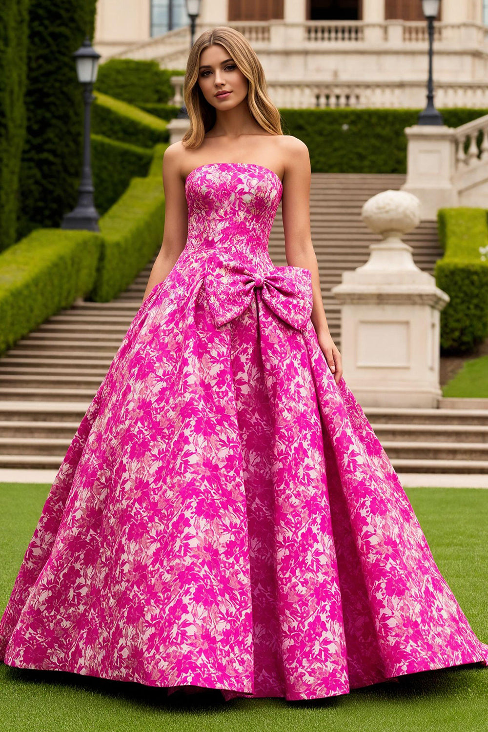 Fuchsia Flower Ball Gown Strapless Long Prom Dress with Bow