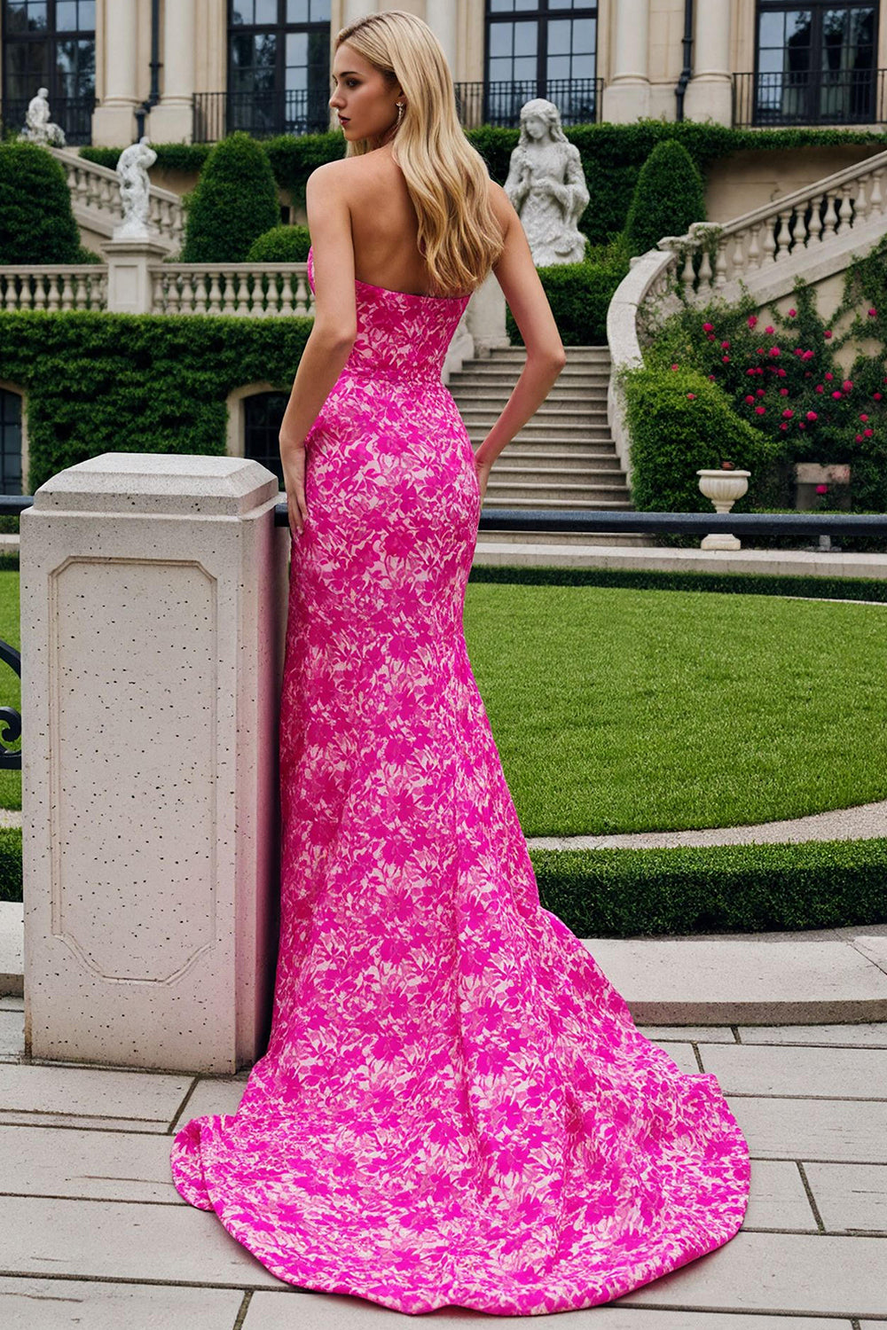 Fuchsia Floral Mermaid Sweetheart Long Prom Dress with Slit