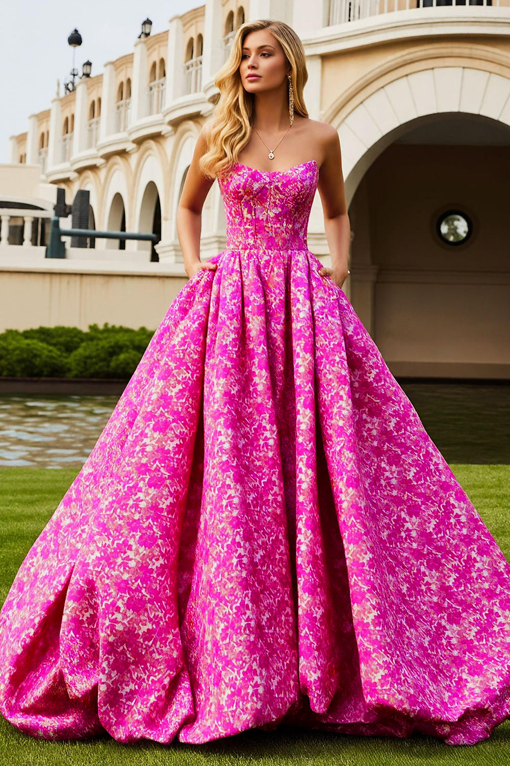 Floral Fuchsia Ball Gown Strapless Long Corset Prom Dress