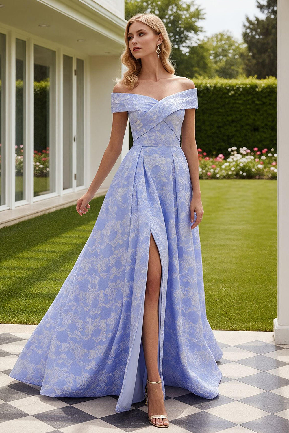 Floral Light Blue A-Line Off the Shoulder Long Satin Prom Dress with Slit
