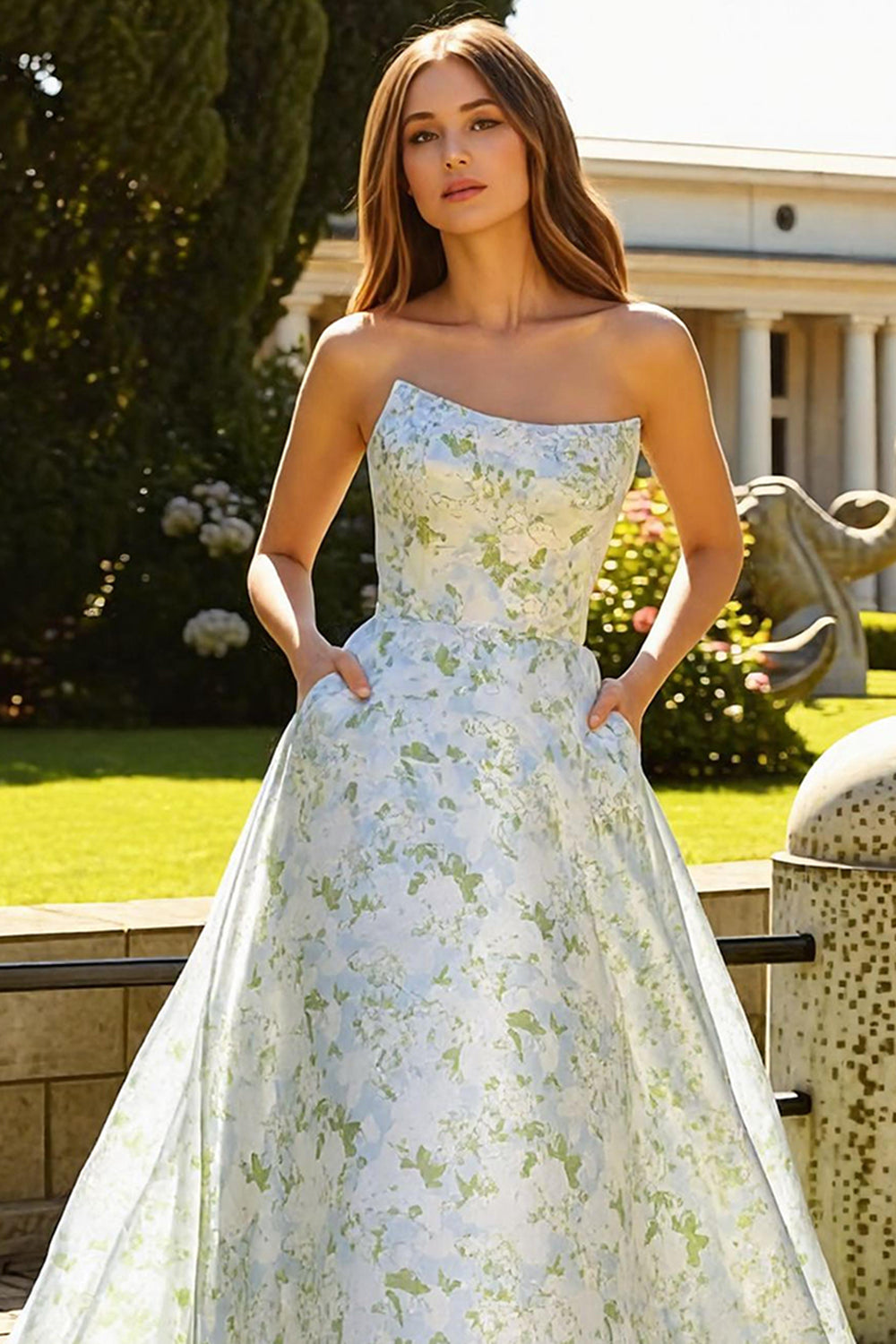 Floral Blue and White A-Line Strapless Long Prom Dress