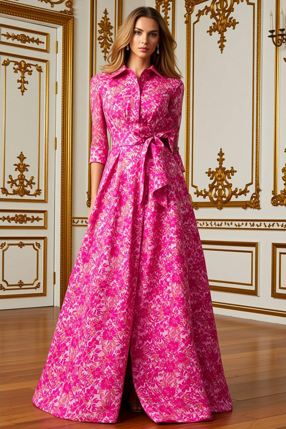 Fuchsia Lapel Neck Floral Long Wedding Guest Dress with Bow