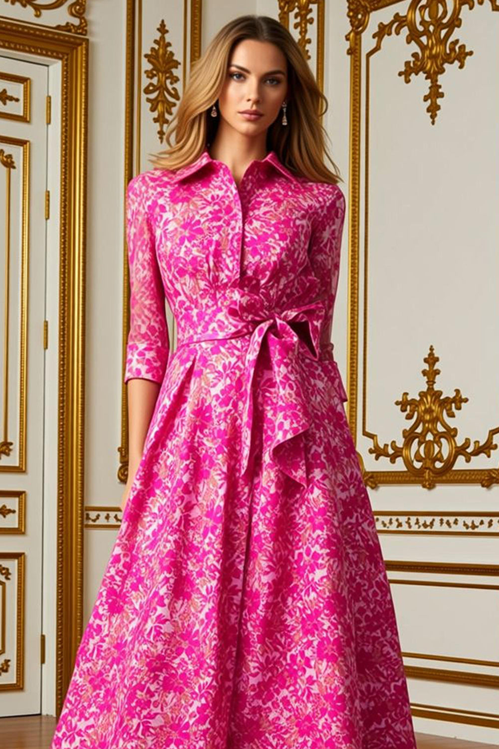 Fuchsia Lapel Neck Floral Long Wedding Guest Dress with Bow