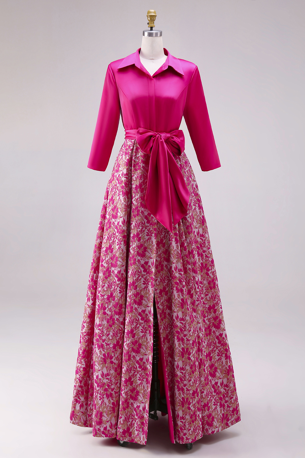 Fuchsia Lapel Neck Floral Maxi A Line Wedding Guest Dress with Slit