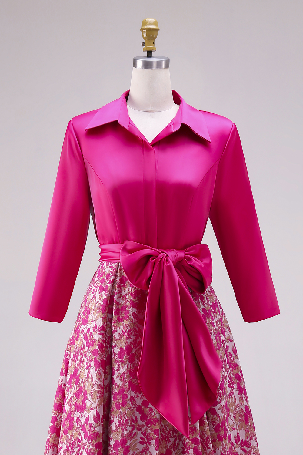 Fuchsia Lapel Neck Floral Maxi A Line Wedding Guest Dress with Slit