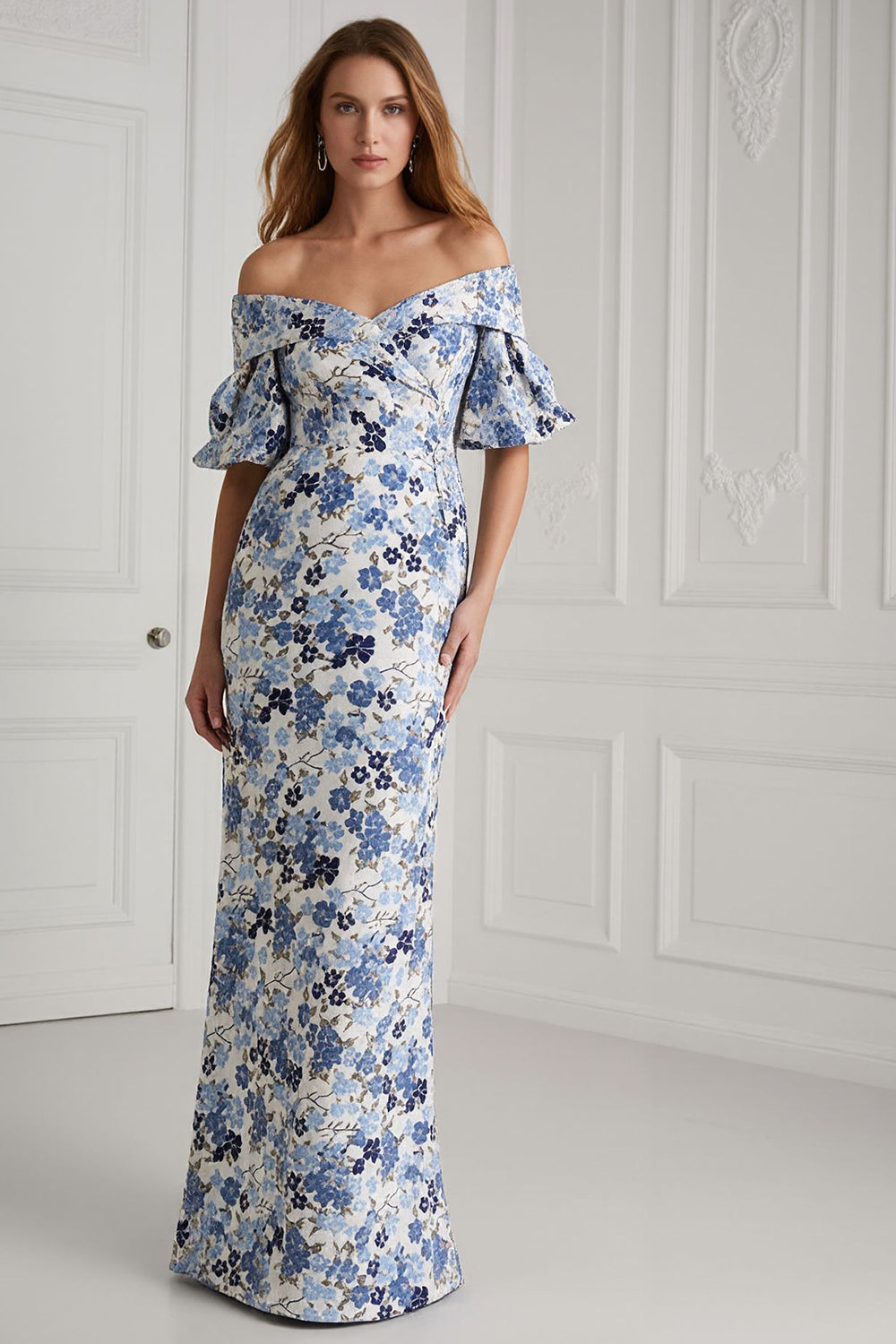 Floral Blue Off the Shoulder Long Mermaid Wedding Guest Dress