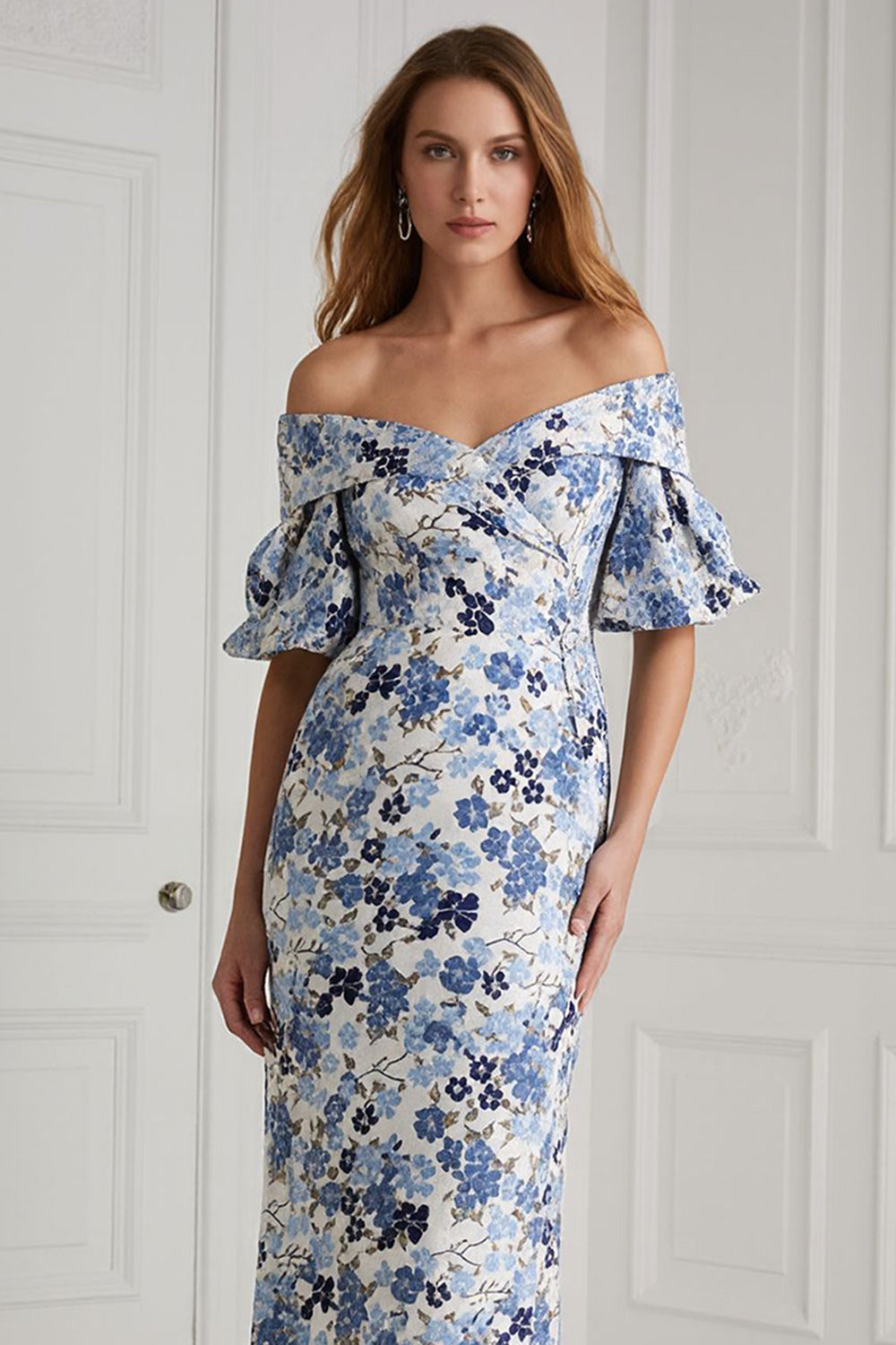 Floral Blue Off the Shoulder Long Mermaid Wedding Guest Dress