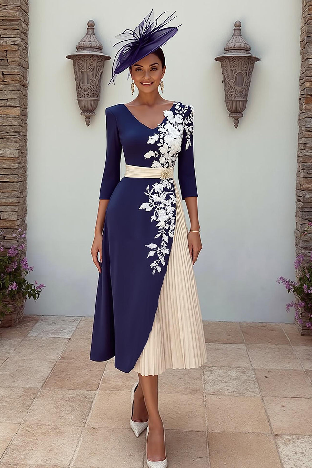Navy Pleated V-Neck MIdi Floral Wedding Guest Dress with Appliques
