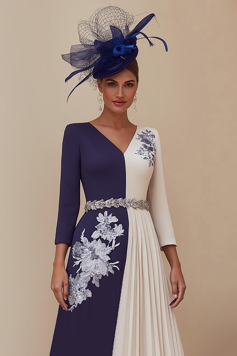 Navy V-Neck A Line Midi Pleated Wedding Guest Dress with Appliques