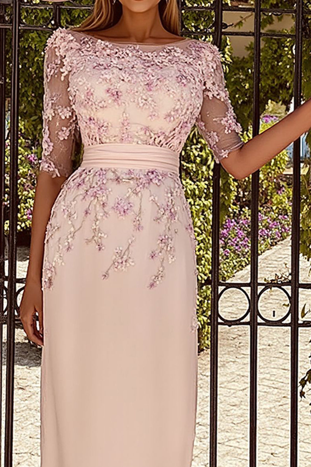Dusty Rose Boat Neck Floral Midi Wedding Guest Dress